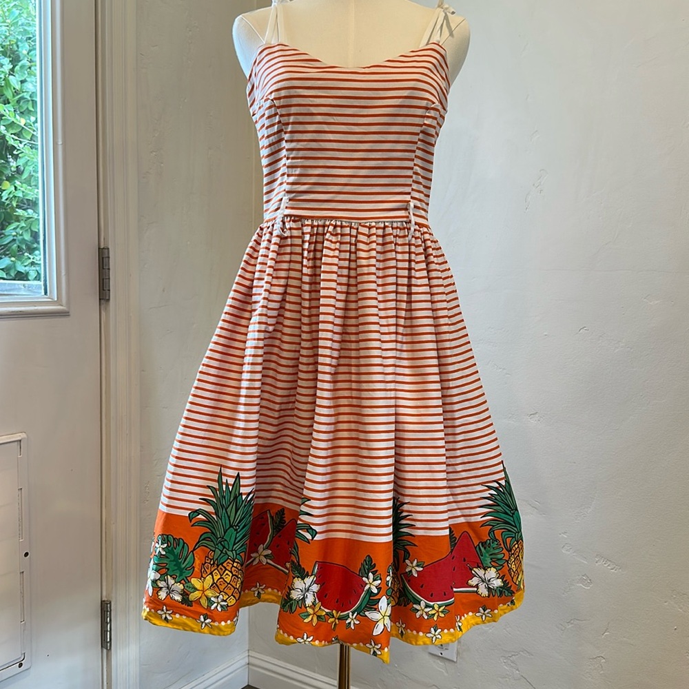 Adorable Tropical Fruit and Stripes Pinup Style Sundress Retro